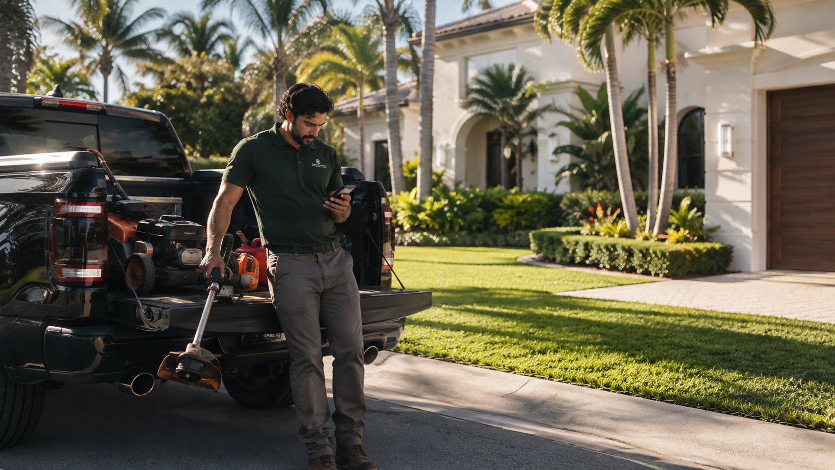 A Palm Beach Lawn Pro checking service details on his phone beside his equipment truck outside a South Florida home