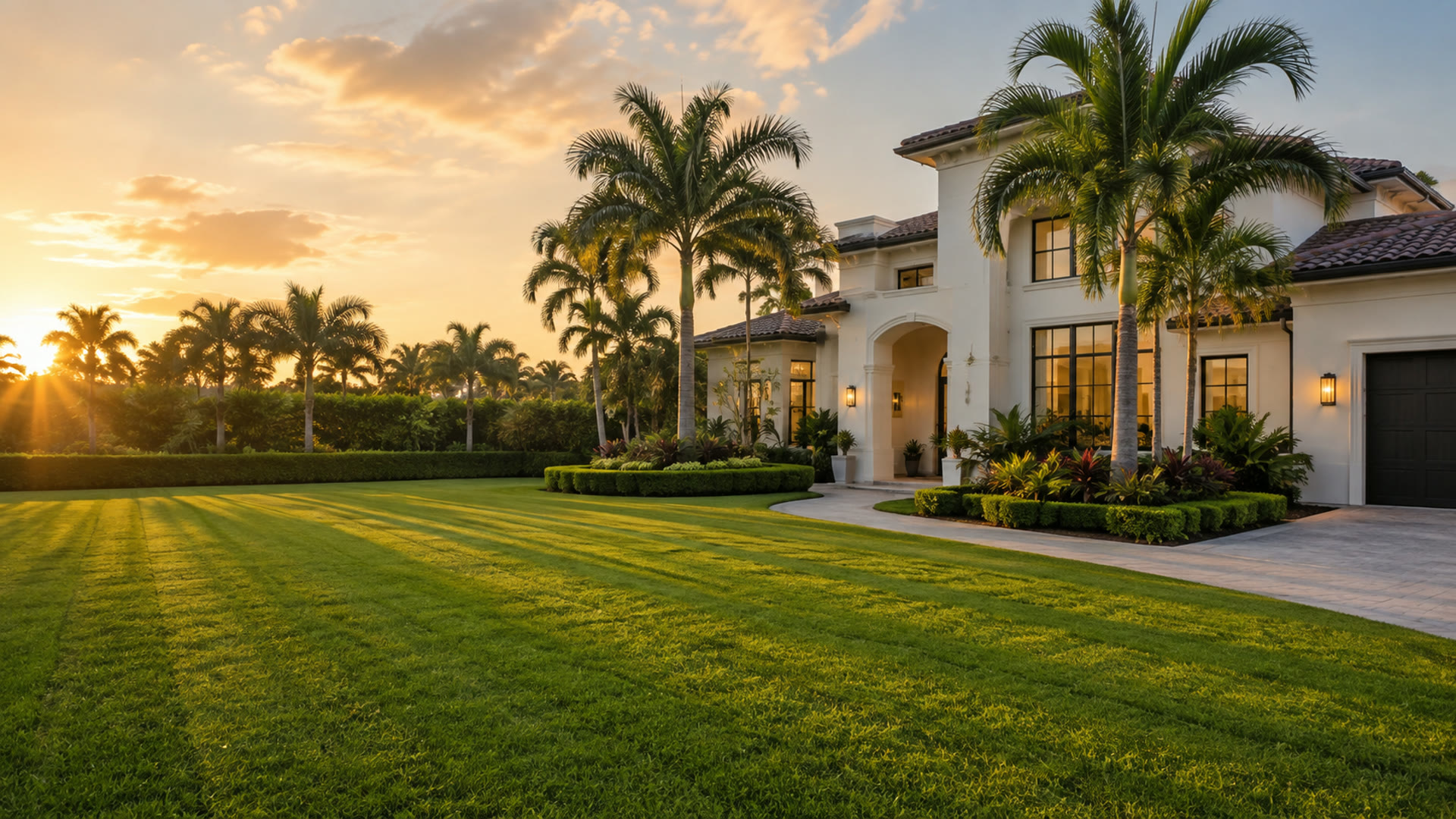Professionally maintained South Florida lawn in front of an upscale Palm Beach County home at golden hour
